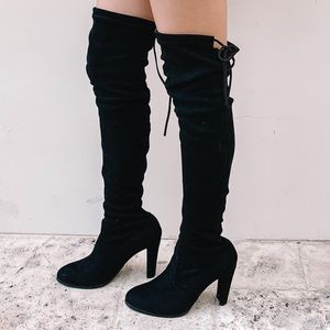 Suede knee high black boots heels